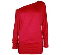 Crazy Girls Womens Long Sleeve One Off-Shoulder Plain Baggy Batwing Top UK8-24, Red, XL (UK 16-18)