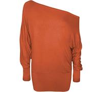 Crazy Girls Womens Long Sleeve One Off-Shoulder Plain Baggy Batwing Top UK8-24, Rust, 2XL (UK 20-22)