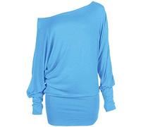 Crazy Girls Womens Long Sleeve One Off-Shoulder Plain Baggy Batwing Top UK8-24, Turquoise, 2XL (UK 20-22)