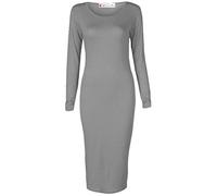 Crazy Girls Womens Plain Long Sleeve Scoop Neck Stretch Bodycon Maxi Midi Dress (S/M-UK8/10, Light Grey)
