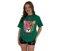Crazy Girls Womens Print T-Shirt, Wild Thang Tiger, Green, ML (UK 12-14)