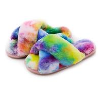 Crazy Lady Women's Fuzzy Fluffy House Slippers Cute Plush Memory Foam Shoes Cross Band Indoor Outdoor Open Toe Sandals, Rainbow, 5.5-6.5