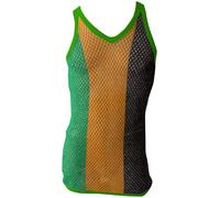 CRAZY LIZARD Jamaica String Vest in Classic Jamaica Colours with Green Trim. Jamaican Mesh Marina with Jamaica Colour Stripes on Muscle Vest Jamaican Clothing