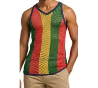 CRAZY LIZARD Rasta String Vest: 6 Stripe Mesh Marina, Reggae Clothing, Sleeveless Tank Top, Rastafarian Style, Perfect Jamaica Shirt for Men, Caribbean-Inspired Rasta Jamaican Man Costume
