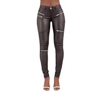 Crazy Lover Women Faux Leather Look Trousers Pants Mid Waist Wet PU Celeb Biker Jeans with Zip (M, Black)