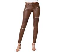 Crazy Lover Womens Faux Leather Look Trousers - Slim Fit Wet PU Celeb Mid-Waisted Biker Leggings with Zips (S, Dark Brown)