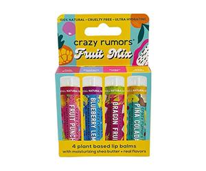 Crazy Rumors 'Fruit Mix' 4 Multi Pack Lip Balm Stick Set for Dry Lips, 100% Natural & Vegan