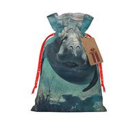 Crazy Save Manatee Print Christmas Drawstring Gift Bags With Cards For Xmas Party Decorations Holiday