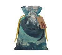 Crazy Save Manatee Print Christmas Drawstring Gift Bags With Cards For Xmas Party Decorations Holiday