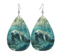 Crazy Save Manatee Printed Water Drop Earrings, Lightweight Leather Teardrop Dangle for Date and Party