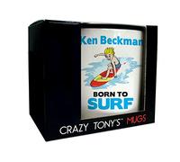 CRAZY TONY'S Mens Personalised Born to Surf Mug Gift Male Son Nephew Grandson Surfing Present