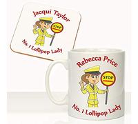 CRAZY TONY'S No.1 Number One Lollipop Lady Thank You Personalised Mug and Coaster Gift Set (Brown Hair White Skin)