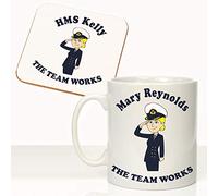 CRAZY TONY'S The Team Works Ladys Good Luck Personalised Royal Navy Mug and Coaster Gift Set (Blonde Hair White Skin)