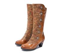 CrazycatZ Victorian Style Leather Knee High Boots, Brown, Floral Pattern, Decorative Metal Buttons, Mid Heel (Brown, M, Adult, Women, 5, Numeric, UK Footwear Size System, Medium)