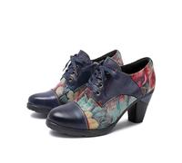 CrazycatZ Women's Vintage Oxford Heels, Floral Print Leather, Two-Tone Design, Navy Blue and Brown (Navy, Adult, Women, 5, Numeric, UK Footwear Size System, Medium)