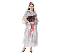 Crazycos Corpse Bride Costume, Gothic Ghost Bride Women Costume Horror Wedding Dress with Lace Tulle, Ripped Edges and Floral Headpiece, Halloween Cosplay and Spooky Elegant Theme Parties S