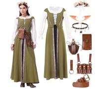 Crazycos Medieval Costume Women Lantern Sleeve Belt Dress Adjustable Belt and Waist Bag Design, Colorful Embroidery, Suitable for Renaissance Parties and Role Play-S Green