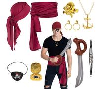 Crazycos Pack of 9 Pirate Costume Accessories Women Men Headband Belt Compass Necklace Bracelet Earring Ring Eye Mask Pirate Inflatable Knife Suitable for Halloween Caribbean Masquerade Role Play