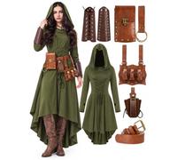 Crazycos Women Medieval Dress 9PCS Renaissance Costume Suit with Arm Guards, Belt, Belt Bag, Accessories for Cosplay, Halloween, Hunting Outfit