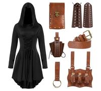 Crazycos Women Medieval Dress Renaissance Dress Suit Halloween Costume with Arm Guards, Belt, Belt Bag, Accessories for Cosplay, Halloween, Hunting Costume