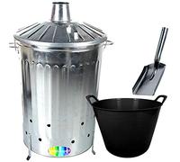 CrazyGadget 125 Litre 125L Extra Large Galvanised Metal Incinerator Fire Burning Bin with Special Locking Lid + Ash Shovel + 42L Litre Plastic Flexi Tub (Black)
