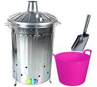 CrazyGadget® 125 Litre 125L Extra Large Galvanised Metal Incinerator Fire Burning Bin with Special Locking Lid + Ash Shovel + 42L Litre Plastic Flexi Tub (Pink)