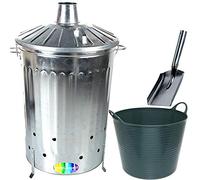 CrazyGadget® 125 Litre 125L Extra Large Galvanised Metal Incinerator Fire Burning Bin with Special Locking Lid + Ash Shovel + 42L Litre Plastic Flexi Tub (Dark Green)