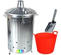 CrazyGadget® 125 Litre 125L Extra Large Galvanised Metal Incinerator Fire Burning Bin with Special Locking Lid + Ash Shovel + 42L Litre Plastic Flexi Tub (Red)