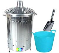 CrazyGadget® 125 Litre 125L Extra Large Galvanised Metal Incinerator Fire Burning Bin with Special Locking Lid + Ash Shovel + 42L Litre Plastic Flexi Tub (Sky Blue)