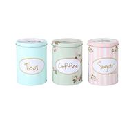 CrazyGadget® 3PC Round Tea Sugar & Coffee Canisters - Metal Vintage Style Floral Shabby Chic Kitchen Storage 15cm Tall 11cm Diameter Attractive Soft Pastel Green Blue & Peach Tones.