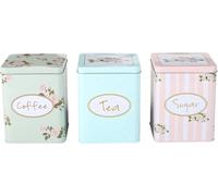 CrazyGadget® 3PC Square Tea Sugar & Coffee Canisters - Metal Vintage Style Floral Shabby Chic Kitchen Storage 15cm Tall 11cm Diameter Attractive Soft Pastel Green Blue & Peach Tones.