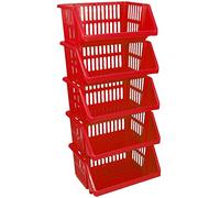CrazyGadget® Multi Purpose Large Plastic Colour Storage Rack Stand Stacking Stackable Basket - Made In U.K. (5 Tiers, Red)