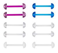 CrazyPiercing 5Pair Acrylic Tongue Rings 14G Flexible Glitter Half Ball Tongue Barbell Retainer Body Piercing Jewelry Bar Length 16mm, Plastic, no gemstone