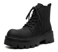 CrazySavage Men's Black Leather Lace-up Platform Combat Boots Wide Toe Side Zipper Chunky Heel Lug Sole Ankle Booties Comfort High Top Waterproof Biker Boots, Black, 9 UK