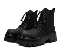 CrazySavage Men's Black Leather Lace-up Platform Combat Boots Wide Toe Side Zipper Chunky Heel Lug Sole Ankle Booties Comfort High Top Waterproof Biker Boots, Black Plus Velvet, 6.5 UK
