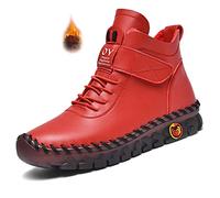 CrazySavage Women Winter Leather Fur Lined Warm Non Slip Thickened Thermal Villi Adjustable High Slip On Boots, Red Excursion Plain Getaway Solids, 4.5 UK