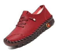 CrazySavage Women's Casual Leather Flats Shoes Comfort Handmade Soft Bottom Slip-on Loafer Breathable Non-Slip Round Toe Fashion Driving Walking Shoes, Red Excursion Plain Getaway Solids, 6.5 UK