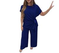 crazysyco Women’s 2-Piece Cheesecloth Co-Ord Set Round Neck Side Knot Top & Trousers (Navy, One Size 8-14)