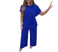 crazysyco Women’s 2-Piece Cheesecloth Co-Ord Set Round Neck Side Knot Top & Trousers (Royal Blue, Plus Size 16-22)
