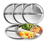 CrazyTerra Divided Plates for Adults (5 Packs), 304 Stainless Steel Portion Control Plate Sectioned with Dividers, 9 Inch Metal Food Separator Dinner Plates Lightweight Compartment BPA Free Reusable