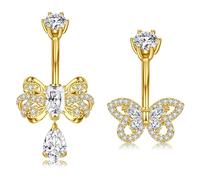 Crdifu 14G 10mm Butterfly Belly Button Bars, 2 Pcs Gold Belly Bar Dangle Bow, 1.6mm Stainless Steel Dangly Belly Button Piercing for Women, Hypoallergenic Navel Piercing Jewelry CZ Crystal