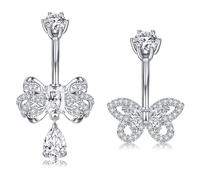 Crdifu 14G 10mm Butterfly Belly Button Bars, 2 Pcs Silver Belly Bar Dangle Bow, 1.6mm Stainless Steel Dangly Belly Button Piercing for Women, Hypoallergenic Navel Piercing Jewelry CZ Crystal