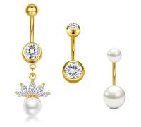 Crdifu 14G 10mm Dangly Pearl Belly Button Bars, 3 Pcs Gold Belly Bar Dangle, 1.6mm Stainless Steel Belly Button Piercing for Women, Hypoallergenic Navel Piercing Jewelry CZ Crystal