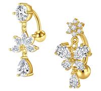 Crdifu 14G 10mm Flower Belly Button Bars Dangly, 2Pcs Reverse Belly Bar Gold Dangle Butterfly, 1.6mm Stainless Steel Belly Button Piercing for Women, Hypoallergenic Navel Piercing Jewelry CZ Crystal