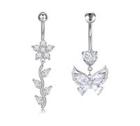 Crdifu 14G 10mm Flower Belly Button Bars Dangly, Dangle Butterfly Belly Bar Silver 2 Pcs, 1.6mm Stainless Steel Belly Button Piercing for Women, Hypoallergenic Navel Piercing Jewelry with CZ Crystal