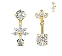 Crdifu 14G 10mm Flower Belly Button Bars Dangly, Reverse Belly Bar Gold Dangle 2 Pcs, 1.6mm Stainless Steel Belly Button Piercing for Women, Hypoallergenic Navel Piercing Jewelry with CZ Crystal