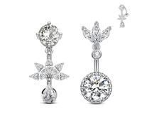 Crdifu 14G 10mm Flower Belly Button Bars Dangly, Reverse Belly Bar Silver Dangle 2 Pcs, 1.6mm Stainless Steel Belly Button Piercing for Women, Hypoallergenic Navel Piercing Jewelry with CZ Crystal