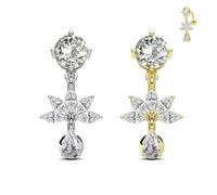 Crdifu 14G 10mm Flower Belly Button Bars Dangly, Reverse Belly Bar Silver Gold Dangle 2 Pcs, 1.6mm Stainless Steel Belly Button Piercing for Women, Hypoallergenic Navel Piercing Jewelry CZ Crystal
