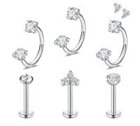 Crdifu 16G Internally Threaded Horseshoe Helix Lip Ring & Labret Studs, 8mm Tragus Conch Rook Labret Piercing Jewellery, Helix Earring Lip Bar Stainless Steel CZ, 1.2mm Thin Snug Horseshoe Hoop Silver