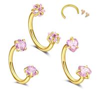 Crdifu 18G Internally Threaded Horseshoe Nose Ring, 8mm Gold Horseshoe Ring Hoop Helix Tragus Piercing Jewellery, 1mm Thin Conch Rook Earring Stainless Steel Septum Ring 3mm Pink CZ